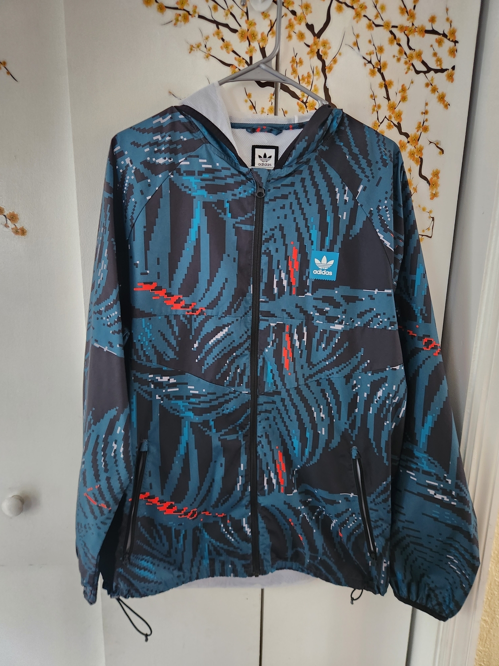 adidas Men’s Teal and Black Patterned Swim Rash Guard with Red Accents